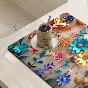Floral Absorbent 1pc Dish Drying Mat | Polyester Kitchen & Bathroom Mat 8"x12"